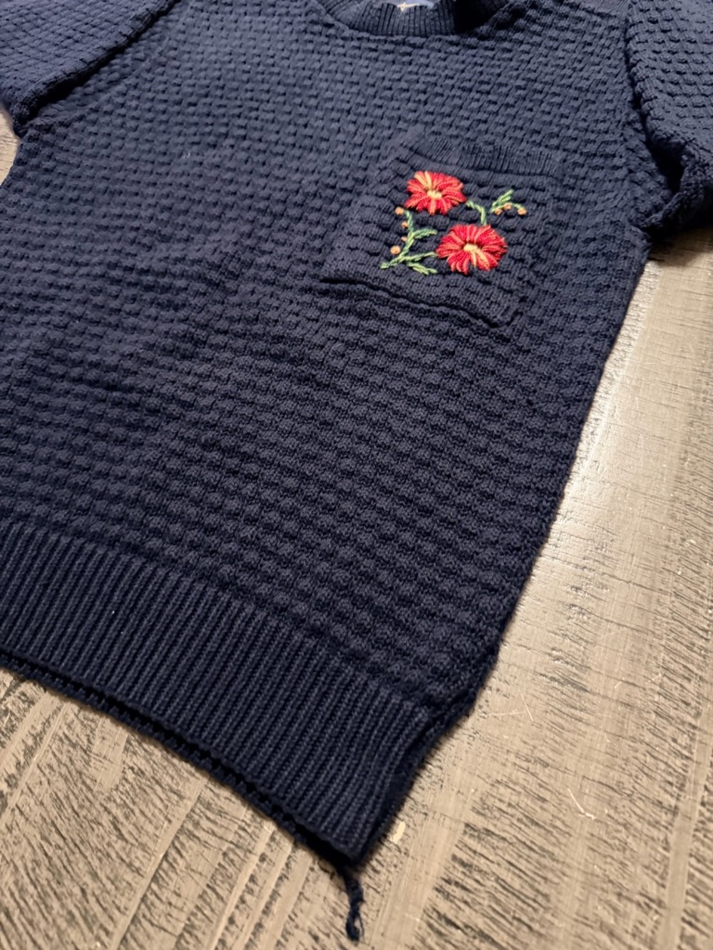 Crewneck Navy Textured Knit Sweater with Floral Pocket - Picture 2 of 9